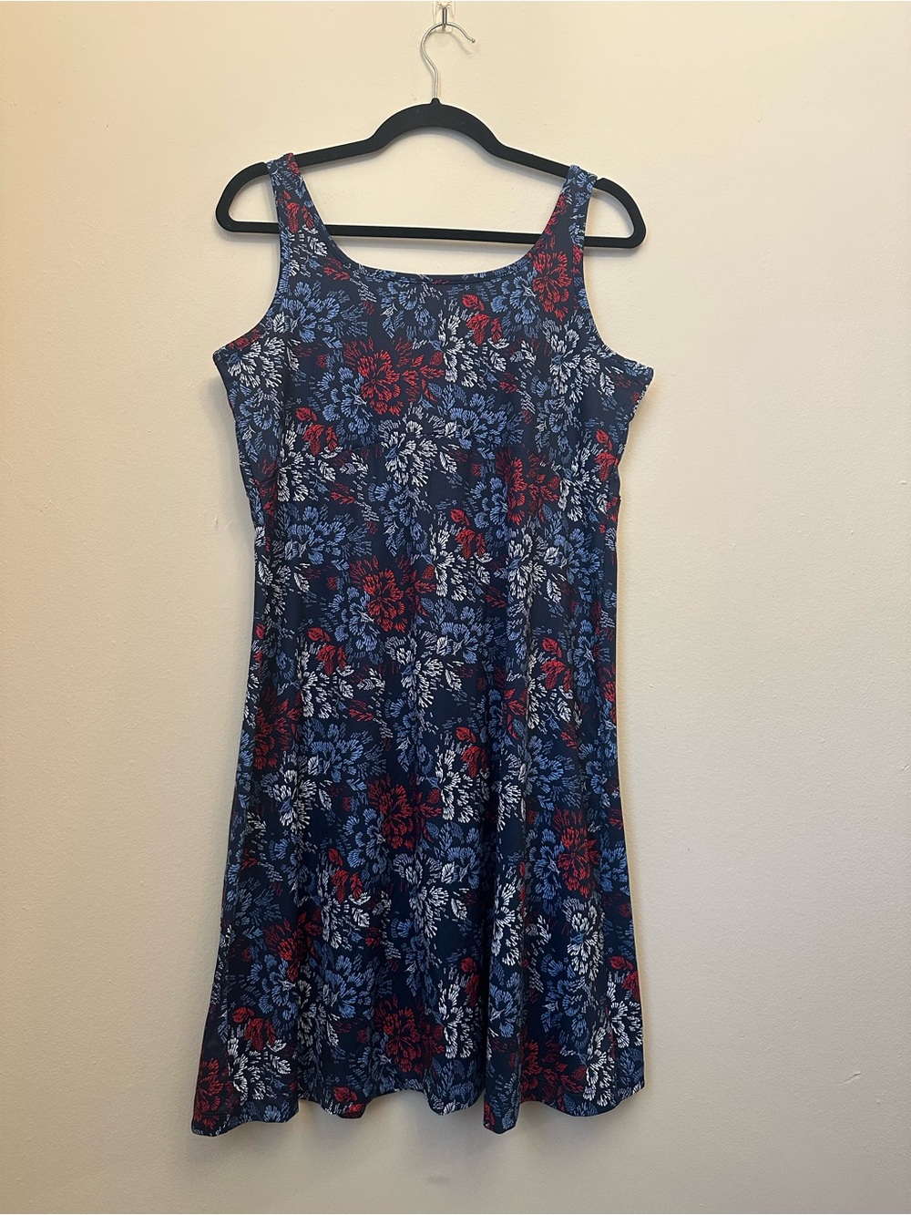 Columbia PFG Sleeveless Floral Dress Navy Red Blue Omni-Shade Stretch Size Large